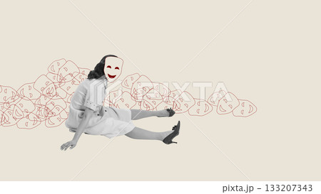 Expressive collage of woman with smiling mask surrounded by abstract emotional faces 133207343
