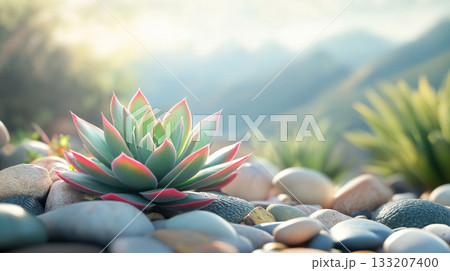 Succulent Plant on Colorful Pebbles with Soft Natural Light 133207400