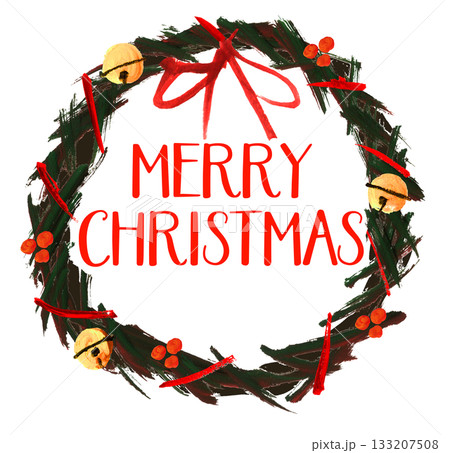 クリスマスリース MERRYCHRISTMAS、鈴、手描きイラスト英文字 クリスマスリース MERRYCHRISTMAS、鈴、手描きイラスト英文字 133207508