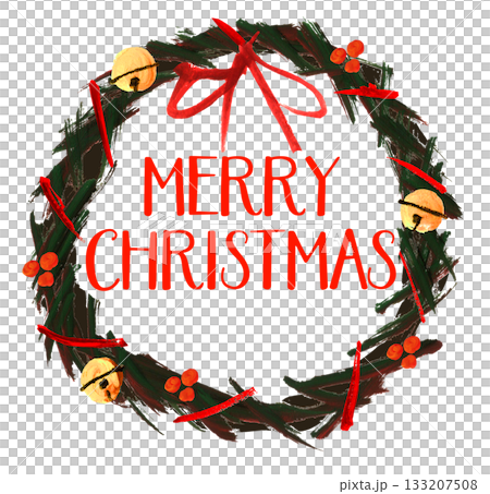 クリスマスリース MERRYCHRISTMAS、鈴、手描きイラスト英文字 クリスマスリース MERRYCHRISTMAS、鈴、手描きイラスト英文字 133207508