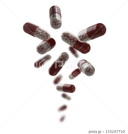 Capsules with the drug levitate on a white background 133207710