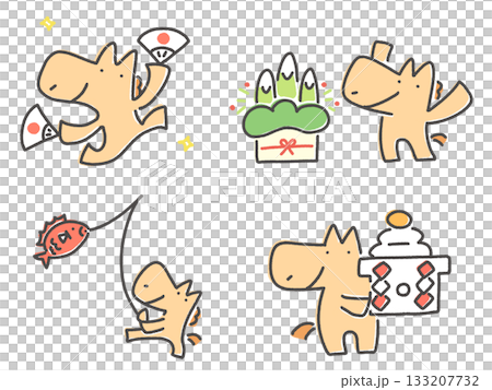 Horse set for enjoying New Year's celebrations: Kadomatsu, sea bream, kagami mochi, and folding fan Horse set for enjoying New Year's celebrations: Kadomatsu, sea bream, kagami mochi, and folding fan 133207732