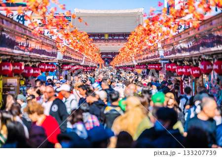 日本の東京都市景観驚きの光景、インバウンド続く…まるで異国…外国人観光客らで賑わう浅草寺＝17日 133207739