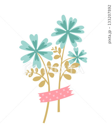 Flowers bouquet decoration attached by colorful washi tape. Floral pieces pretty romantic ornaments with sticker strips vector illustration 133207892