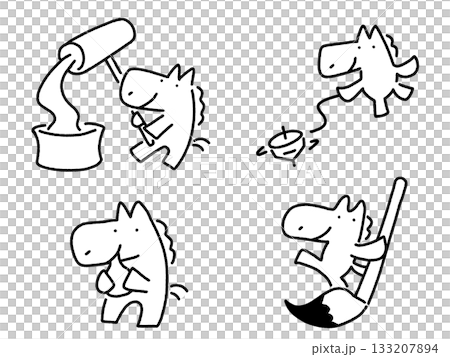 Horse set for enjoying New Year's celebrations: pounding rice cakes, spinning tops, and calligraphy 133207894