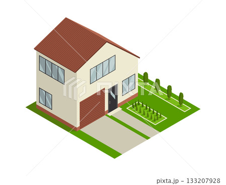 Isometric cottage icon. Suburb house composition with lawn vector illustration. Infographic element representing suburban building. Private house enterprises of real estate 133207928