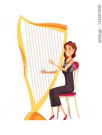 A woman is comfortably sitting in a chair, skillfully playing a harp 133207935