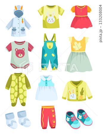 Bright baby outfit display, Vivid infant apparel arranged against gentle white backdrop, Colorful newborn clothing selection with soft textures and charming patterns 133208004