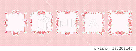 Pink bow frame set in delicate line art style. Vector collection of elegant ribbons and borders. Whimsical and romantic coquette decoration for Valentine cards, posters, menus, or birthday invites Pink bow frame set in delicate line art style. Vector collection of elegant ribbons and borders. Whimsical and romantic coquette decoration for Valentine cards, posters, menus, or birthday invites 133208140