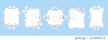Vintage frames with blue whimsical hand drawn bows, ribbons in coquette doodle style. Vector elegant line art minimalist borders for invitation, greeting cards. Vector illustration on blue. Vintage frames with blue whimsical hand drawn bows, ribbons in coquette doodle style. Vector elegant line art minimalist borders for invitation, greeting cards. Vector illustration on blue. 133208151
