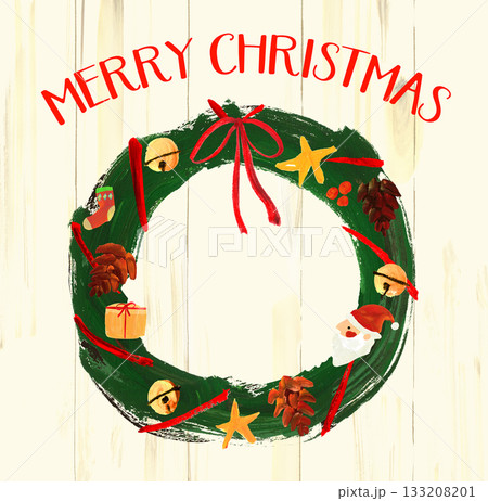 クリスマスリースにリボン、鈴の手描きのイラスト 133208201