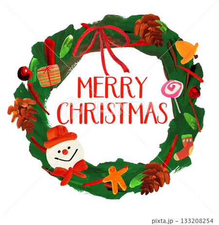 クリスマスリース、松ぼっくり、リボン、靴下、雪だるま、お菓子、手描き 133208254