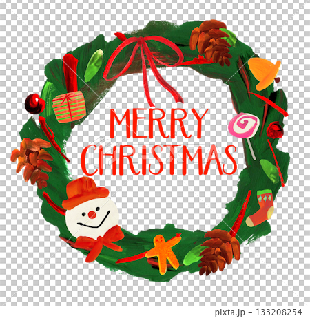 聖誕花圈、松果、緞帶、襪子、雪人、糖果、手繪 133208254