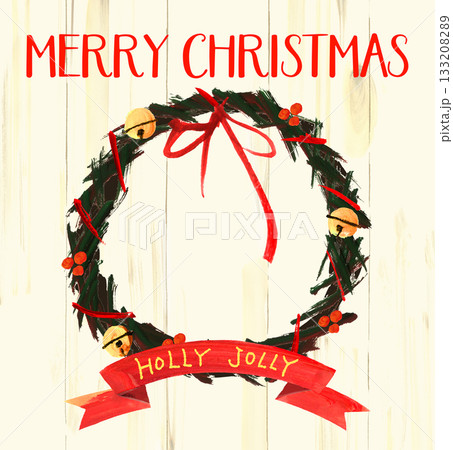 クリスマスリースが白い壁にかかっているMERRYCHRISTMAS、鈴、手描きイラスト 133208289