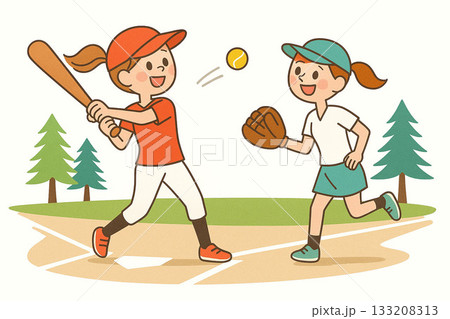 「野球を楽しむ女性のフラットイラスト|屋外スポーツ・バッターとキャッチャー・スポーツ女子・16:9」 「野球を楽しむ女性のフラットイラスト|屋外スポーツ・バッターとキャッチャー・スポーツ女子・16:9」 133208313