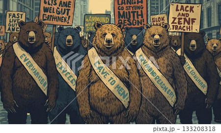 街の通りで抗議活動を行い練り歩く熊たち 街の通りで抗議活動を行い練り歩く熊たち 133208318
