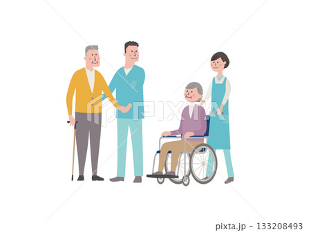 介護スタッフと高齢者の見守り・支援シーンのイラスト 133208493