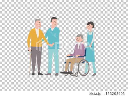 介護スタッフと高齢者の見守り・支援シーンのイラスト 133208493