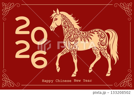 Chinese New Year 2026 card with decorative floral horse. Festive banner. Red gold illustration. Chinese New Year 2026 card with decorative floral horse. Festive banner. Red gold illustration. 133208502
