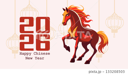 Happy Chinese New Year 2026 card with fire horse and asian lanterns. Festive illustration. 133208503