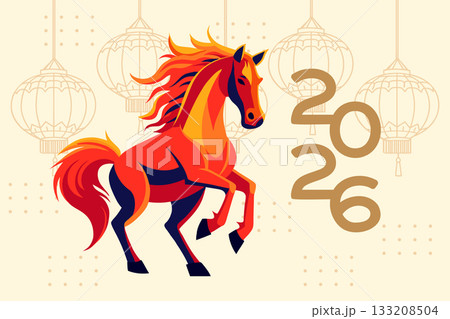 Happy Chinese New Year 2026 card with fire horse and asian lanterns. Festive illustration. 133208504
