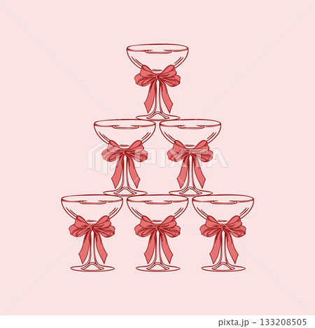 Elegant champagne glasses tower with decorative red ribbons. Hand drawn illustration Elegant champagne glasses tower with decorative red ribbons. Hand drawn illustration 133208505
