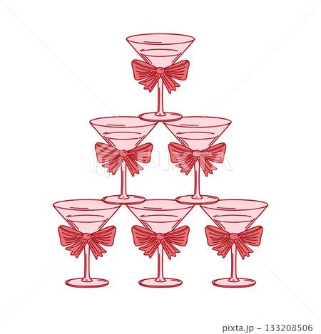 Festive champagne tower with decorative red ribbons. Hand drawn illustration. Festive champagne tower with decorative red ribbons. Hand drawn illustration. 133208506