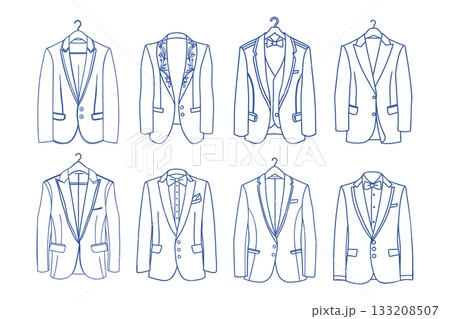 Collection of mens formal suits and jackets. Line art. Hand drawn illustration. Collection of mens formal suits and jackets. Line art. Hand drawn illustration. 133208507