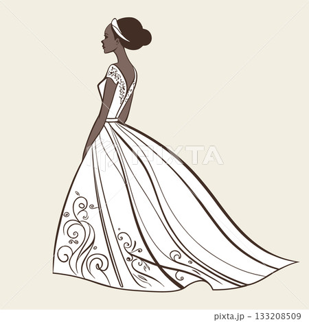 Beautiful bride in a flowing wedding dress. Hand drawn illustration. 133208509