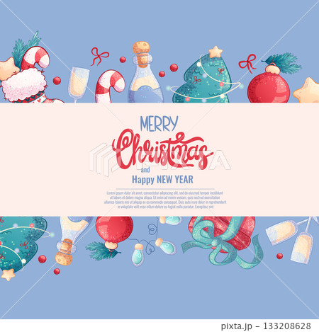 A colorful background for an invitation or greeting card for Christmas and new year. Gift box, Christmas tree, candy cane, garlandVector illustration for the design of postcard, banner, poster 133208628