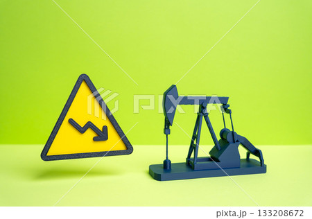 Declining oil production. Low revenue from extracted oil. Reduction in production quotas. Energy crisis, shrinking resources, and declining profits. Market downturn, global economy, energy transition. 133208672