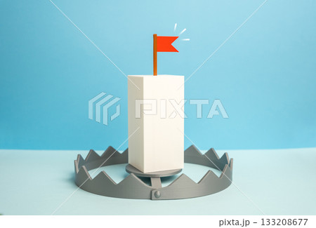 The goal is a bait in a trap. An imaginary goal leading to disaster. Deceptive ambitions, false success, or risky ventures. Business traps, investment fraud, psychological manipulation in goal setting 133208677