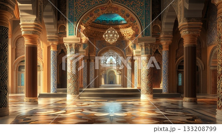 Grand hall with traditional Indian and Moroccan palace decor. 133208799