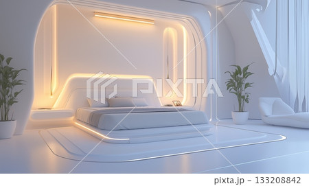 Modern minimalist bedroom design with lighting and sleek furnishings 133208842