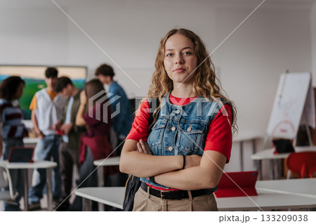 Confident teen student standing in modern classroom. Confident teen student standing in modern classroom. 133209038