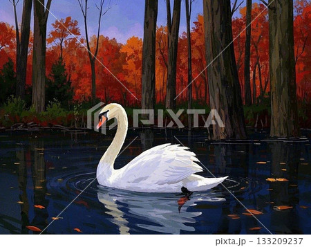 白鳥のいる紅葉 133209237