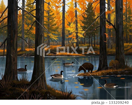秋の湖と動物たち 133209240