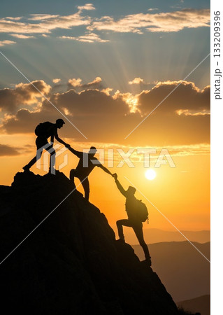 AI Teamwork Illustration. Mountain Peak Collaboration. Symbolic ascent showing mutual support, unity, and achievement in a surreal nature-inspired AI concept. 133209396