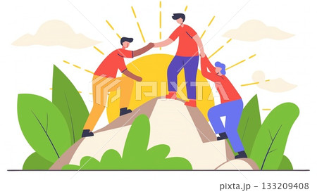 AI Teamwork Illustration. Mountain Peak Collaboration. Symbolic ascent showing mutual support, unity, and achievement in a surreal nature-inspired AI concept. 133209408