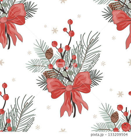 Cute Christmas bouquet seamless pattern. Pine branches and holly berries with red ribbon bow in cartoon style. Winter season background. Vector illustration Cute Christmas bouquet seamless pattern. Pine branches and holly berries with red ribbon bow in cartoon style. Winter season background. Vector illustration 133209504