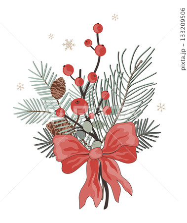 Cute Christmas bouquet with pine branches and holly berries with red ribbon bow in cartoon style. Winter season card and New year gift decoration. Vector isolated illustration 133209506