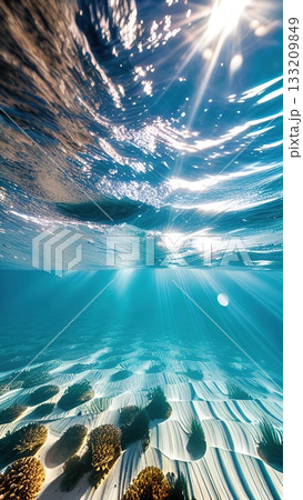 A peaceful underwater view showcasing the delicate ripples on a sandy seafloor, bathed in the soft glow of sunlight through clear blue ocean water. A peaceful underwater view showcasing the delicate ripples on a sandy seafloor, bathed in the soft glow of sunlight through clear blue ocean water. 133209849