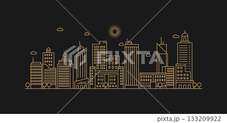Cityscape. Modern flat line landscape vector. City landscape line art illustration with building, tower, skyscrapers. Vector illustration. 133209922