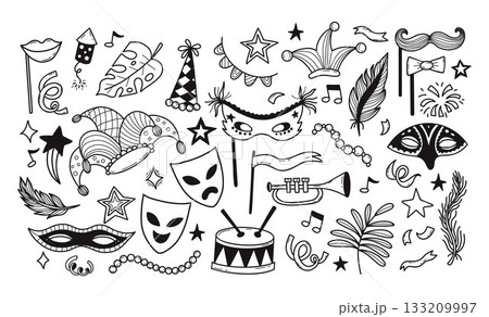 Carnival Celebration Doodle set. Theatrical, Festive, Party and Masquerade masks, musical instruments, garland with fireworks. Isolated Outline Hand-drawn scribble icons. Vector Illustration. Not AI 133209997
