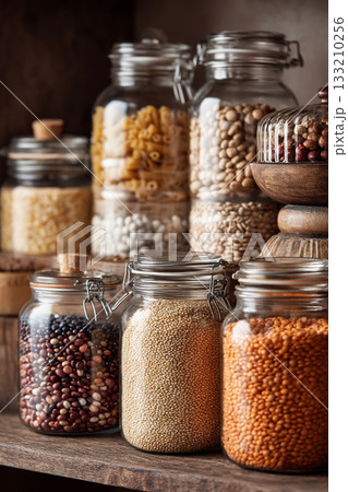 A collection of organic grains and legumes in glass jars on a pantry shelf, signifying wholesome and sustainable food choices. A collection of organic grains and legumes in glass jars on a pantry shelf, signifying wholesome and sustainable food choices. 133210256