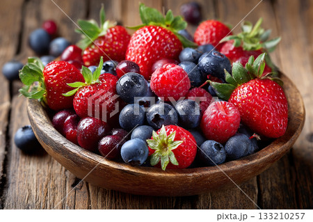 A colorful array of fresh berries (strawberries, blueberries, raspberries) artfully arranged in a rustic wooden bowl. A colorful array of fresh berries (strawberries, blueberries, raspberries) artfully arranged in a rustic wooden bowl. 133210257