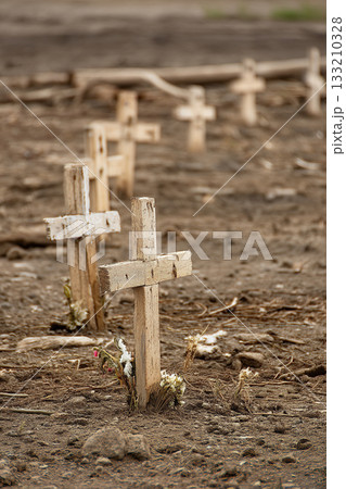 Makeshift graves marked by simple wooden crosses on barren land, a somber reminder of widespread loss and tragedy. 133210328