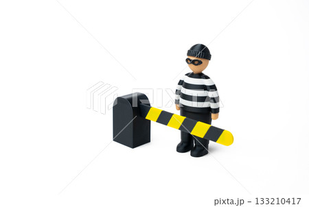 The criminal is stopped by a barrier. Security systems and perimeter control. Video surveillance and monitoring systems. Digital safety solutions for crime prevention. 133210417