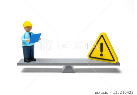 A civil engineer and a sign of attention on a scale. Is the engineer qualified to solve the problem. Professional certification, risk assessment, project safety, and engineering responsibility. 133210422