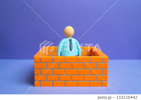 An office worker is surrounded by walls. A comfort zone and self-enclosed barriers. Tolerating infringement and avoiding conflict. Lack of emancipation. Isolation, and limited potential. An office worker is surrounded by walls. A comfort zone and self-enclosed barriers. Tolerating infringement and avoiding conflict. Lack of emancipation. Isolation, and limited potential. 133210442